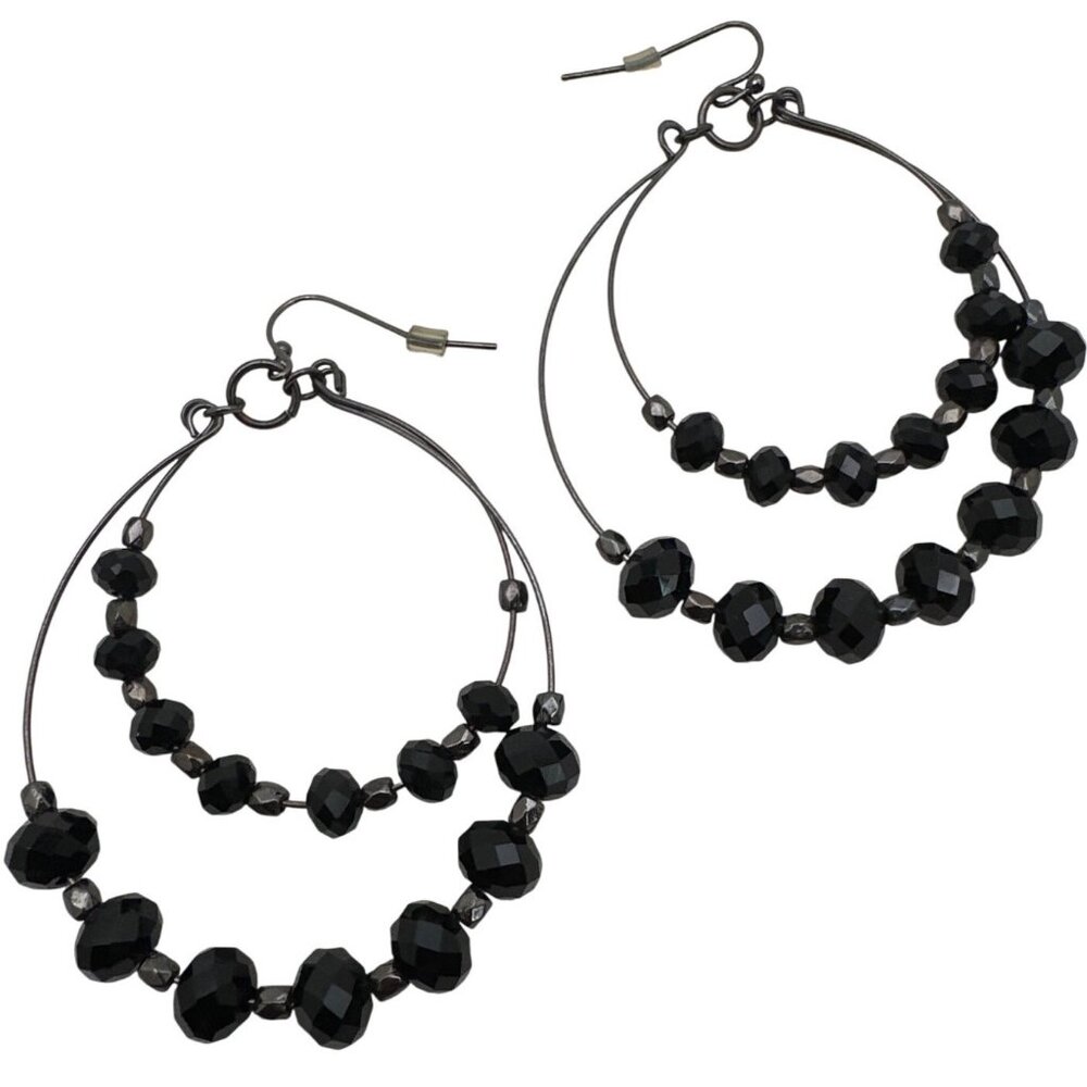 Boho Black Faceted Bead Cascade Hoop Earrings Sparkling Whimsigoth Retro Chic